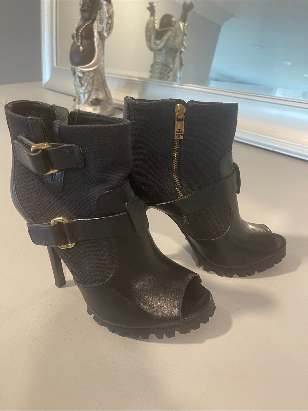Tory Burch Black Peep-Toe Buckle Ankle Booties with Gold Hardware
